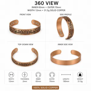 Vista dettagliata di un bracciale in rame massiccio con motivo a drago celtico e misure.