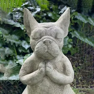 Zen French Bulldog resin statue for outdoor garden decor in a calm meditation pose