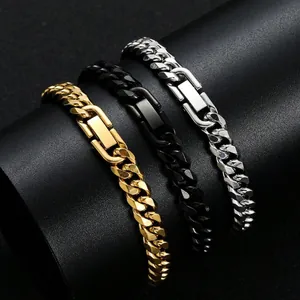 Detailed view of three stainless steel Cuban link bracelets in gold, black, and silver