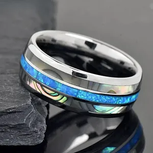 Men's Stainless Steel Band Ring Inlaid With Natural Abalone Shell And Blue Synthetic Opal Texture Fashion Jewelry Finger Ring