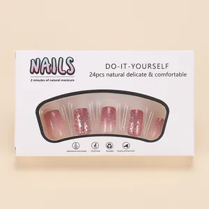 Professional pink glitter gradient short square press-on nails 24pcs set in white box