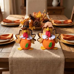 Pair of Thanksgiving turkey plush figurines for festive harvest home table decor
