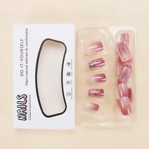 Detailed macro view of 24pcs short square press-on nails with pink glitter gradient.