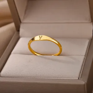 Close-up of a minimalist gold-colored ring with an engraved letter Y in a jewelry box.