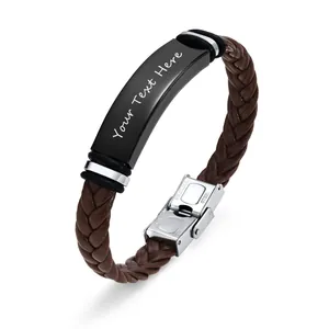 Detail view of braided leather bracelet with engravable black stainless steel bar