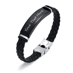 Detail showing braided leather texture and stainless steel clasp on custom bracelet