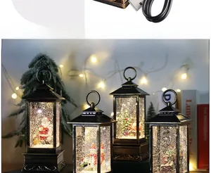 Detail view of vintage Christmas snow globe lanterns with glowing warm festive lights