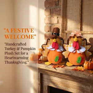 Two handcrafted Thanksgiving turkey pumpkin plush dolls on a festive rustic wooden mantel