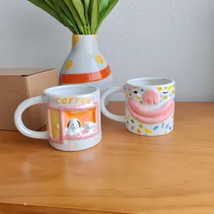 Creative ceramic mugs featuring quirky big mouth and coffee shop relief designs