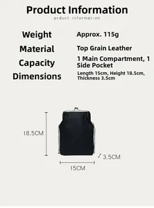 Detailed product specifications and dimensions for the black top grain cowhide leather bag