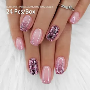 24Pcs Short Square Press On Nails Pink Gradient Glitter Starry Sky False Nails Glossy Artificial Nails With Sequins For Women DIY Nail Art Decor