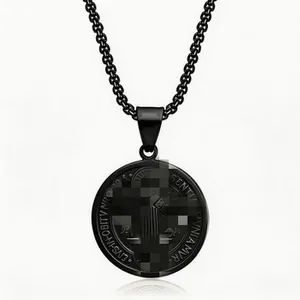 Detailed macro view of black stainless steel Saint Benedict medal pendant with Latin script