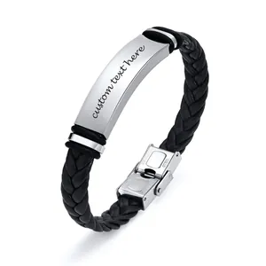 Close-up of braided leather bracelet with customizable stainless steel id plate