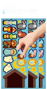 Close-up detail of cartoon Christmas Nativity DIY stickers featuring Mary and Joseph
