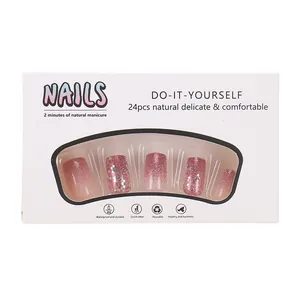 24pcs pink glitter gradient short square press-on nails set in professional packaging box