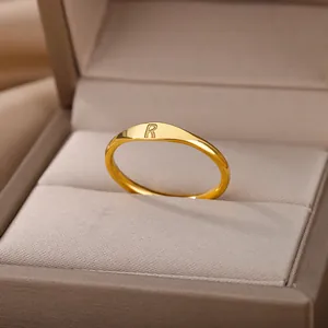 Detailed close-up of a minimalist gold ring with an engraved letter R in a jewelry box