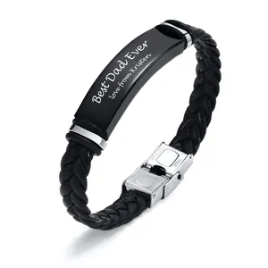 Close-up of braided leather bracelet with Best Dad Ever engraved steel plate