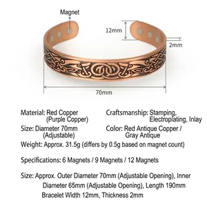 Bracciale rigido magnetico in rame con drago celtico vintage e apertura regolabile