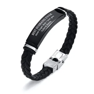 High-quality detail shot of braided leather bracelet featuring BEST HUSBAND EVER engraving