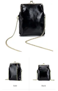 Detailed views of retro black leather crossbody phone bag with kiss lock and chain