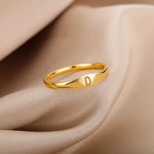Exquisite close-up of a minimalist gold-plated signet ring featuring engraved letter D