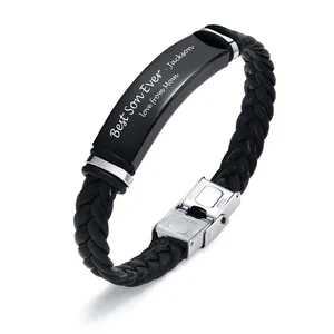 Detail of braided leather bracelet with Best Son Ever engraved black metal plate