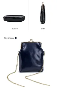 Multi-angle details of royal blue vintage leather kiss-lock crossbody bag with gold chain