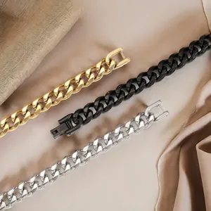 Detailed view of stainless steel Cuban chain bracelets in gold, black, and silver finishes