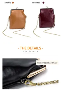 Vintage leather kiss-lock crossbody bag with removable gold chain in khaki and wine red