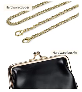 Detail view of the elegant gold chain strap and vintage kiss-lock hardware buckle
