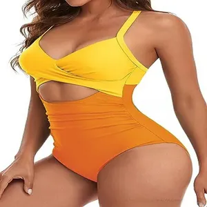 Maillot de bain une pièce ajouré pour femme avec contraste de couleurs jaune et orange