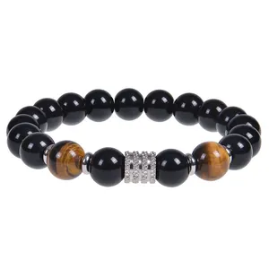 Close-up detail showing the textures of 10mm obsidian and natural tiger eye beads