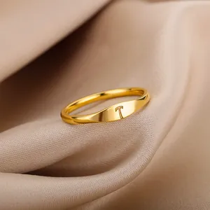 Macro view of a polished gold minimalist ring featuring an engraved initial letter T