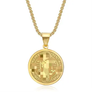 Gold stainless steel St. Benedict medal pendant necklace on a white background