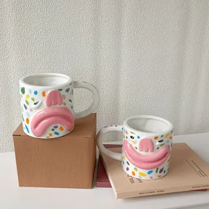 Quirky creative ceramic mugs with 3D big mouth faces and colorful confetti patterns
