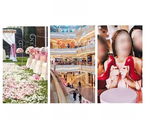 Collage of event scenes including outdoor wedding path and festive shopping mall