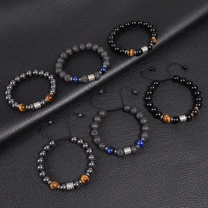 Overview of men's 10mm beaded bracelets featuring obsidian, lava stone, and tiger eye.