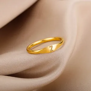 Detailed macro view of a gold finish letter Z engraved on a minimalist unisex ring