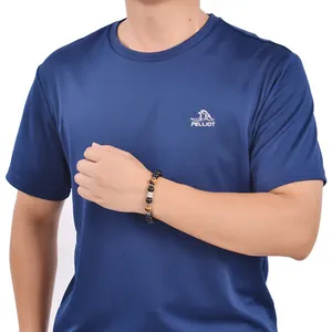 Men's 10mm obsidian and tiger eye bead bracelet detail on wrist with blue shirt