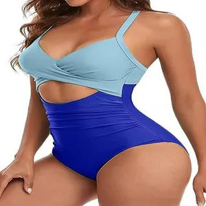 Maillot de bain une pièce sexy avec découpe croisée bleu ciel et bleu roi pour femmes
