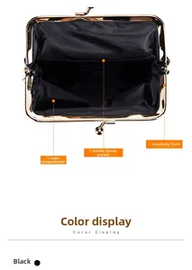 Detailed interior view of a vintage black leather kiss-lock phone bag with pockets