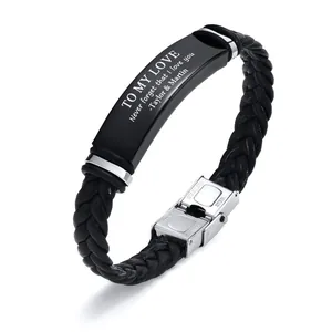 Retro Braided Faux Leather Bracelet With Stainless Steel Curved Bar For Men Gift Black Brown Woven Wristband Jewelry