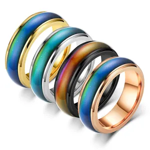 Detailed macro view of color-changing stainless steel rings available in four metal finishes