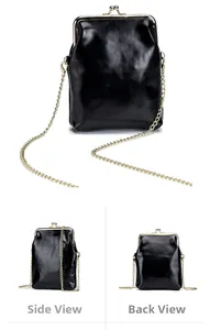 Detail views showing the side and back of the black vintage leather kiss-lock phone bag.
