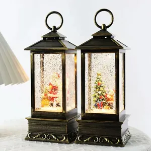 Vintage Christmas snow globe lantern with Santa and tree, luminous decor gift