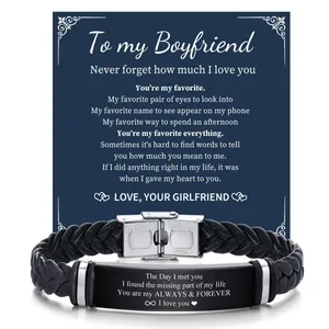 Braided leather bracelet with engraved stainless steel plate and gift card for boyfriend