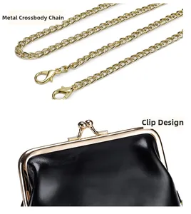 Macro view showing the gold-tone metal chain strap and secure kiss-lock clasp of the leather bag