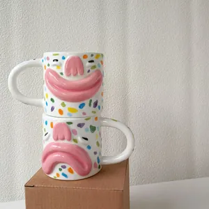 Creative Funny Big Mouth Ceramic Mug 3D Face Relief Polka Dot Pattern Hand Painted Coffee Cup For Home Office Water Drinking Mug Gift