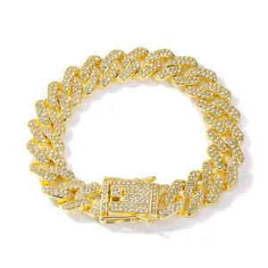 Luxuriöse 14mm Vereiste Goldene Cuban Link Kette mit Funkelnden Weißen Strasssteinen