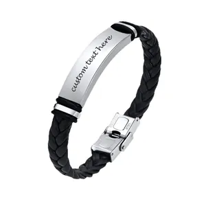 Customizable braided black leather bracelet with engraved stainless steel curved bar
